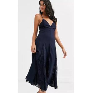 ASOS DESIGN Navy Cami Midi Dress with Lace Insert Godets